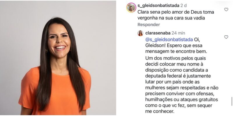 Candidata a deputada federal Clara Sena, reage após ser alvo de comentário ofensivo nas redes sociais
